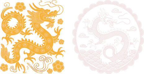 Fototapeta premium Golden Chinese Dragon Illustration with Embossed Circular Seal Design Traditional Asian Mythical Creature Pattern for Lunar New Year Decorative GraphicsGolden Chinese Dragon Illustration with Embossed