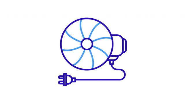 Blue Line Icon Animation of an Electric Ventilation Fan Rotating with Power Cord and Plug