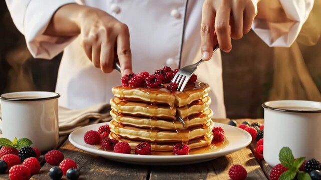 Professional chef using a knife and fork to cut a stack of hot pancakes topped with raspberries and dripping syrup, served on a white plate with coffee mugs and fresh berries.