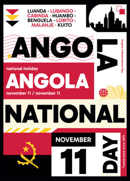 Angola National Day poster. Vector illustration with national flag, utilitarian style for web design, card, cover, print, social media post. Patriotic holiday infographic composition