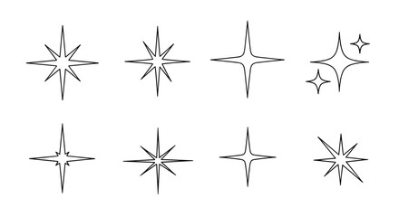 Obraz premium Collection of eight different black outline star and sparkle shapes displayed in two rows on a plain white background.