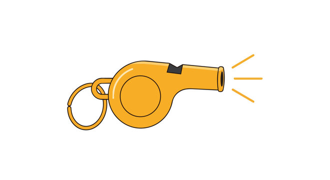 Yellow plastic sports whistle with metal key ring and sound effect lines on white background, coaching and referee gear illustration.