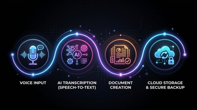 Neon infographic process flowchart showing voice input ai transcription document creation and secure cloud storage backup on a dark futuristic digital background