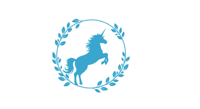 Silhouette of a majestic unicorn rearing up is enclosed within a delicate blue laurel wreath to create a magical and elegant symbol on white.