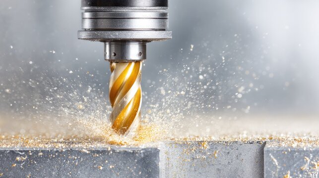 Close-up of a metal cutting drill bit in action, generating sparks and metal shavings from a workpiece surface