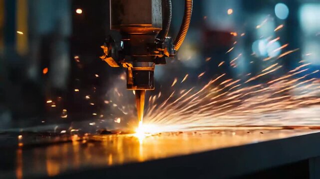 Advanced industrial machine cutting metal sheets with a high powered beam, creating a shower of bright sparks and glowing fragments during the precision manufacturing process