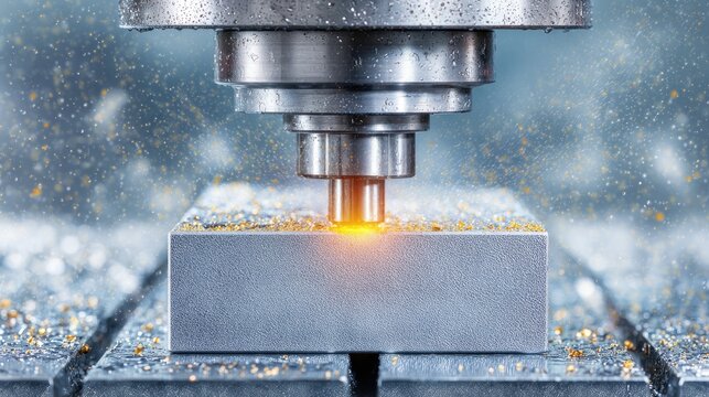 Precision Metal Machining Process with CNC Machine Tool Creating Sparks on Industrial Workpiece in Workshop Environment