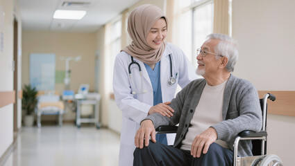 Obraz premium Smiling Muslim Doctor Aiding Elderly Man in Wheelchair in Hospital Hallway