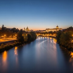 Fototapeta premium Historic cityscape and river at twilight, illuminated buildings, gentle water flow