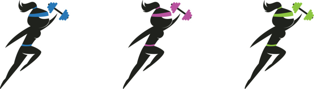 Ninja Woman Silhouette Lifting Dumbbell in Running Motion