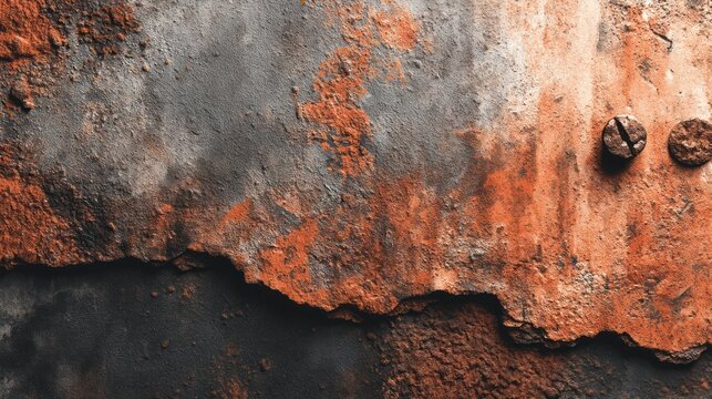 Close-up of corroded metal, showcasing rust, peeling paint, and two screw heads