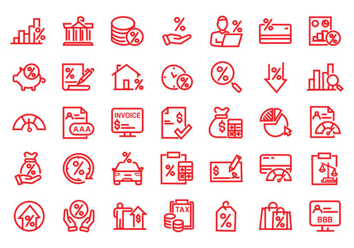 Loan and Credit web icons in line style. Credit card, deposit, car leasing, rate interest, calculator, income, rating, collection. Editable stroke. Vector illustration.