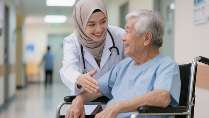 Obraz premium Smiling Muslim Doctor Comforting Elderly Patient in Wheelchair in Hospital Hallway