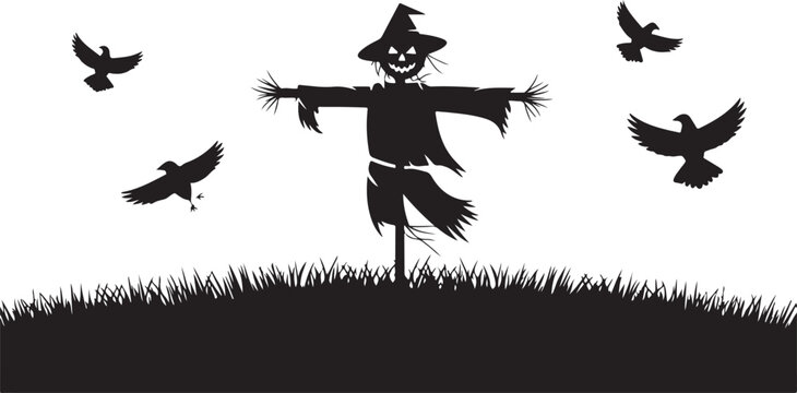 Scary scarecrow with a pumpkin head standing in a field with flying crows