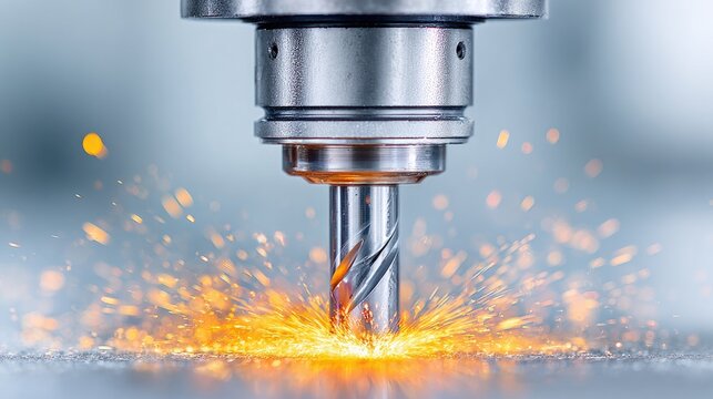 Precision Metal Cutting With Spark Emission From CNC Machine Tool During Manufacturing Process