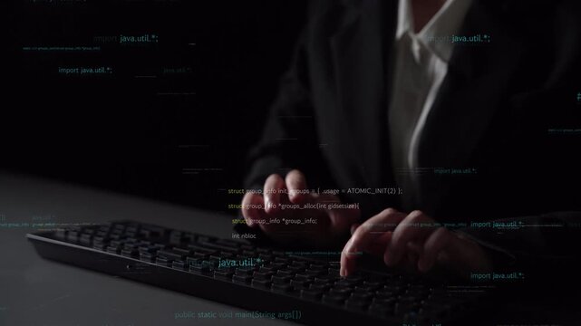 Hands typing on a keyboard in a darkened room filled with lines of code, symbolizing technology and cyber security, perfect for illustrating digital concepts. Xenic