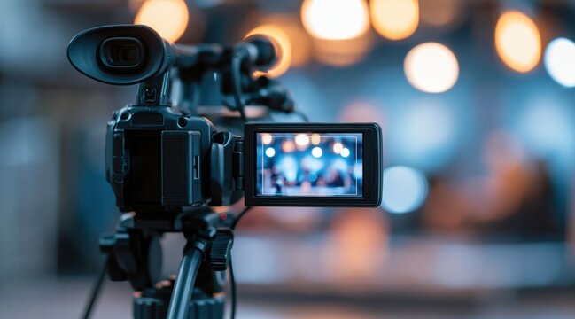 Professional video camera recording interview in studio with bokeh background