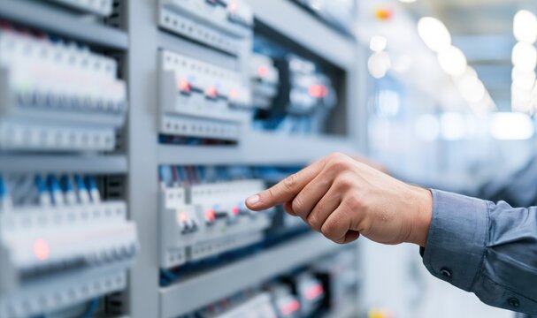Electrician hand touching switch on industrial power distribution board