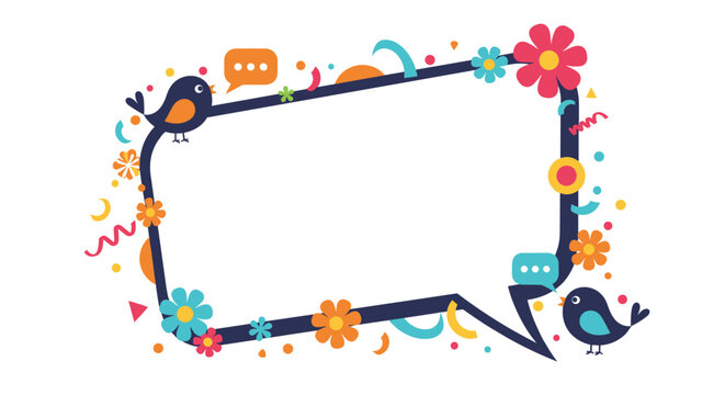 Decorative speech bubble with colorful floral accents and birds perfect for messages and creative announcements.
