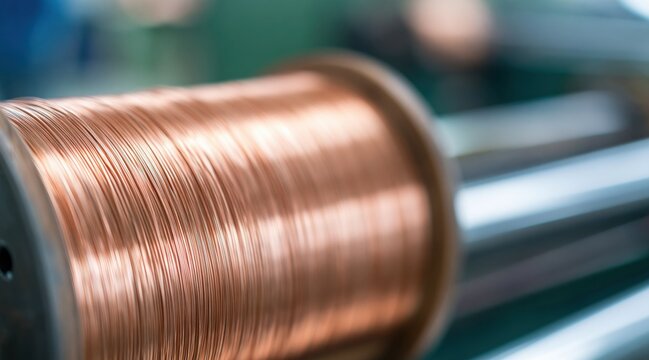 Copper wire wound on metal spool in industrial factory