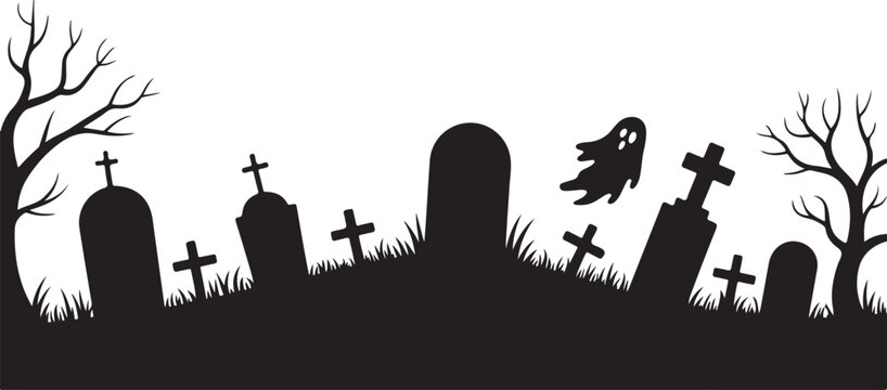 Halloween graveyard silhouette with tombstones, ghost and bare trees