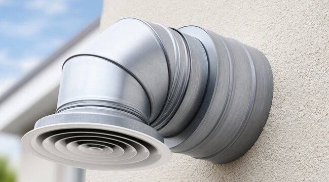 Ventilation exhaust pipe with round air vent on house exterior wall