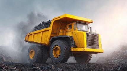 Fototapeta premium Heavy yellow dump truck hauling coal on rough terrain in industrial quarry with smoke and dramatic lighting