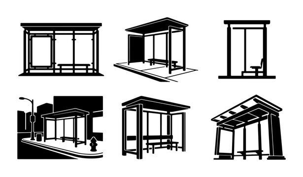 Modern Bus Stop Shelters, Urban Transit Hubs, Public Waiting Areas, City Infrastructure Icons