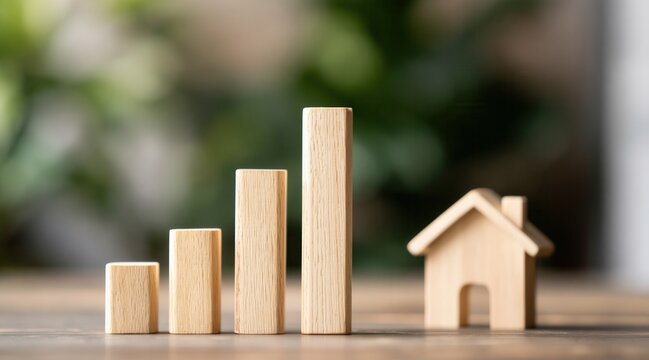 Wooden blocks forming ascending chart next to house model for property growth