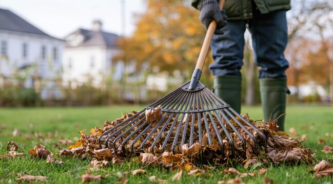 Person raking pile of dry autumn leaves in garden