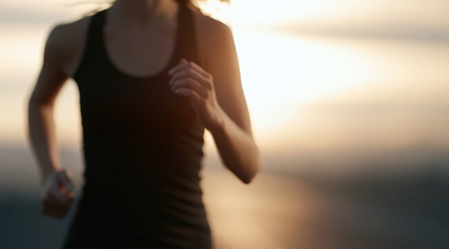 Blurred person jogging at sunset wearing black tank top