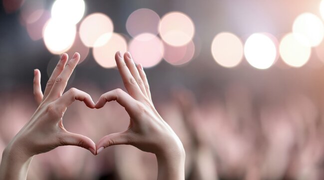 Hands making heart shape gesture at music festival with bokeh lights