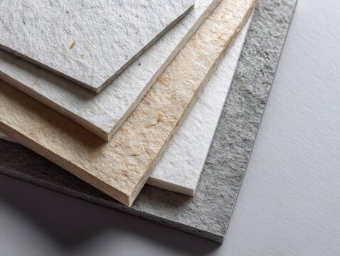 Natural fiber reinforced plastic panels for car interiors in flat lay arrangement. Sustainable automotive design eco innovation green manufacturing and environmental circular economy engineering.