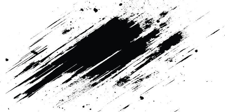 Black grunge brush stroke on white background with splatters and smudges for creative design and artistic projects