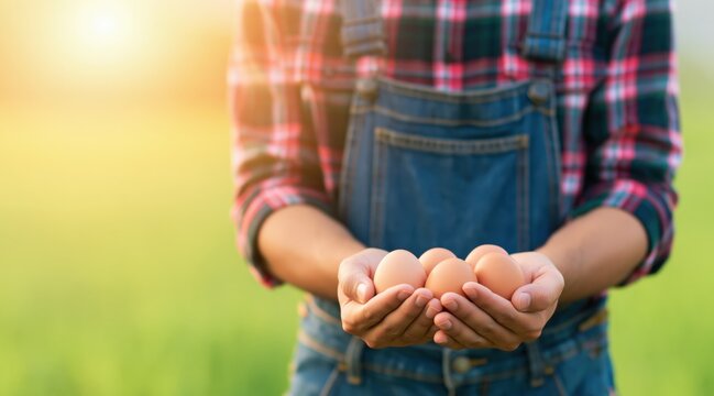 Person in overalls holding fresh brown chicken eggs in hands