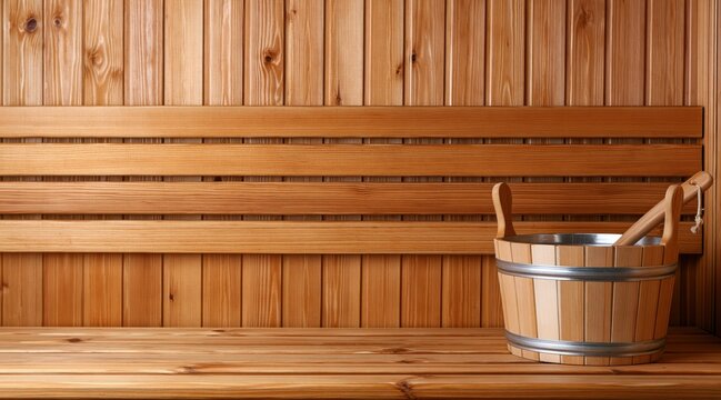 Sauna interior with wooden bucket and ladle on bench