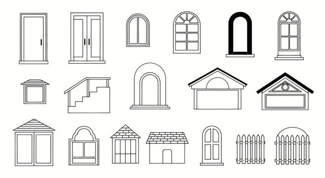 Architectural Elements: Doors, Windows, Stairs, Fences, Roofs - Line Art Collection