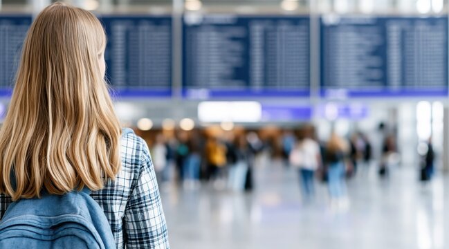 Back view girl with backpack looking at blurred flight information board in airport terminal