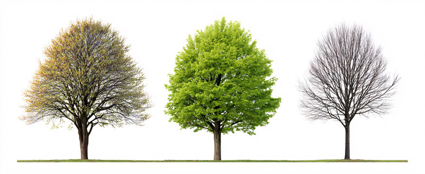 Vibrant collection of spring and winter London plane trees against a clean white backdrop
