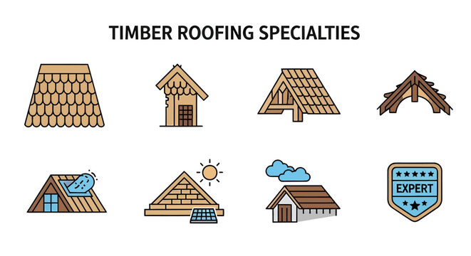 Eight illustrated icons depicting timber roofing specialties such as wood shingles curved designs and solarhybrid systems