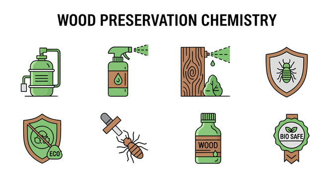 Eight icons illustrating wood preservation chemistry featuring treatment resistance and biosafe protection