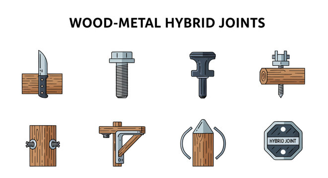 Eight labeled diagrams of various woodmetal hybrid joints including steel knife plates bolts and connectors