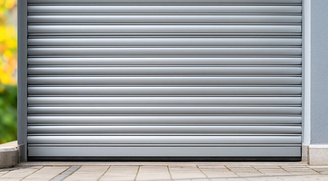 Closed grey metal roller shutter garage door in front of building