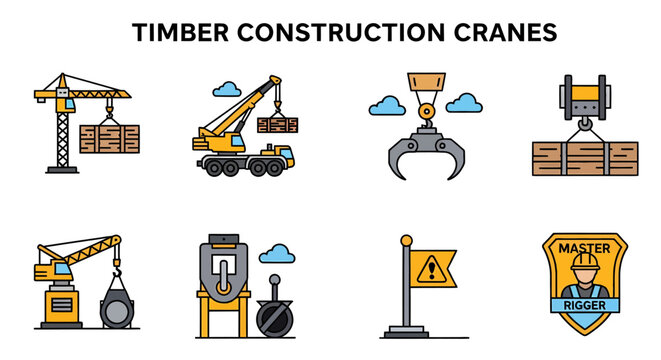 Icons of timber construction cranes and machinery featuring tower cranes mobile units grapples and a rigger badge