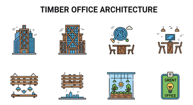 Illustration of timber office architecture icons featuring wooden buildings desks structural grids and plants