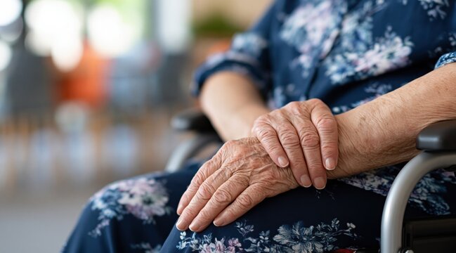 Wrinkled hands of elderly person resting on lap in wheelchair