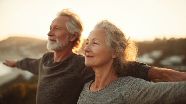 Mature couple stretching together outdoors with synchronized movements and calm connection in natural light, senior healthy relationship and longevity concept. Wellness, active aging lifestyle fitness