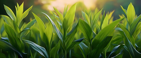 Fototapeta premium The vibrant green corn leaves soak warmth and peace in the golden summer glow