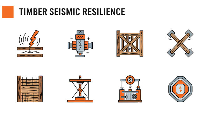 Infographic with eight icons representing timber seismic resilience including seismic dampers and structural safety
