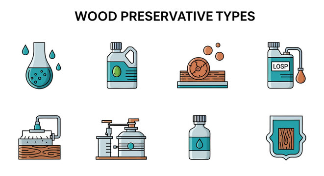 Infographic showing eight icons of wood preservative types like waterborne oilborne and copperbased treatments